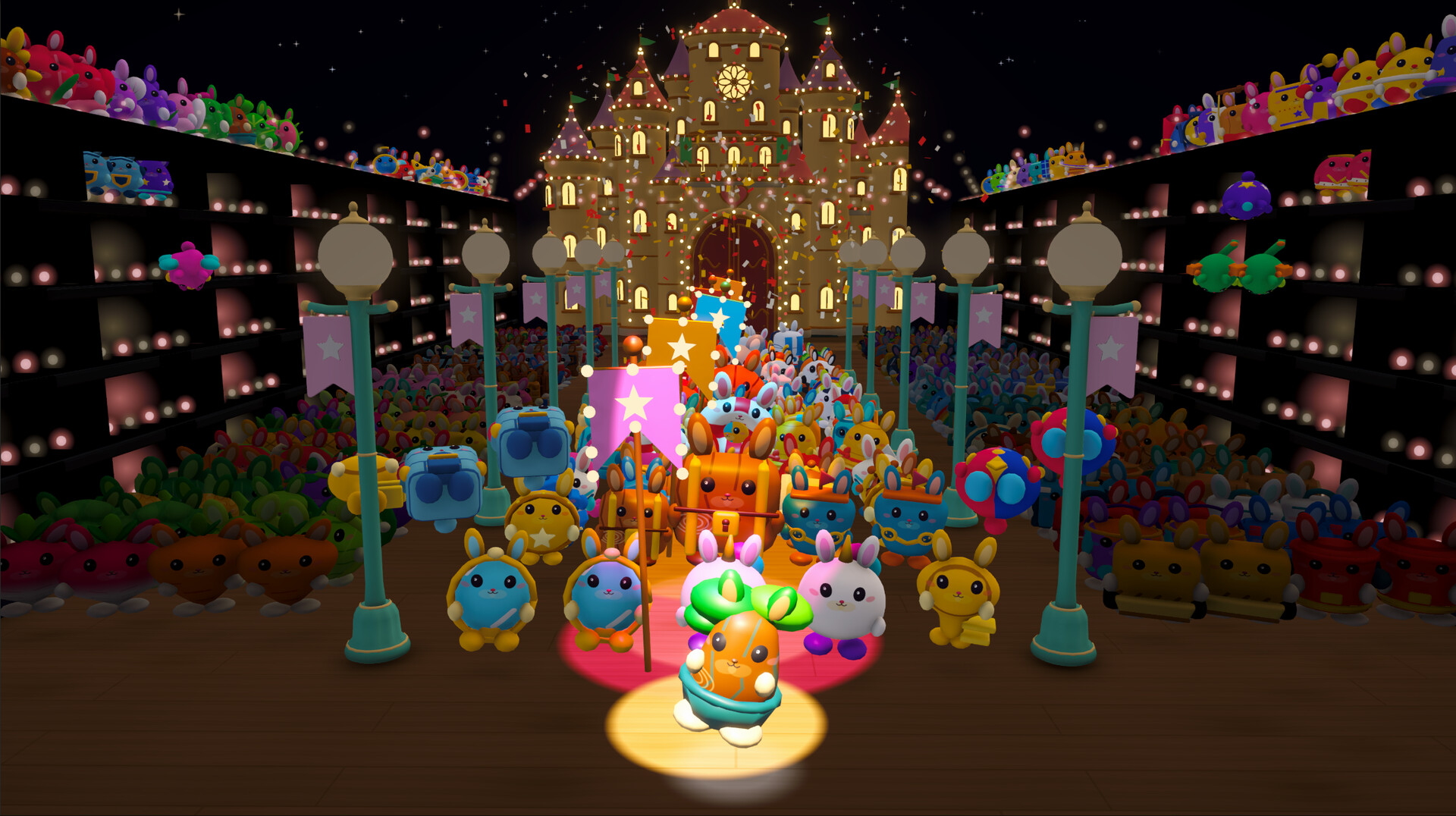In-game view of themed bunny collectibles in a shop